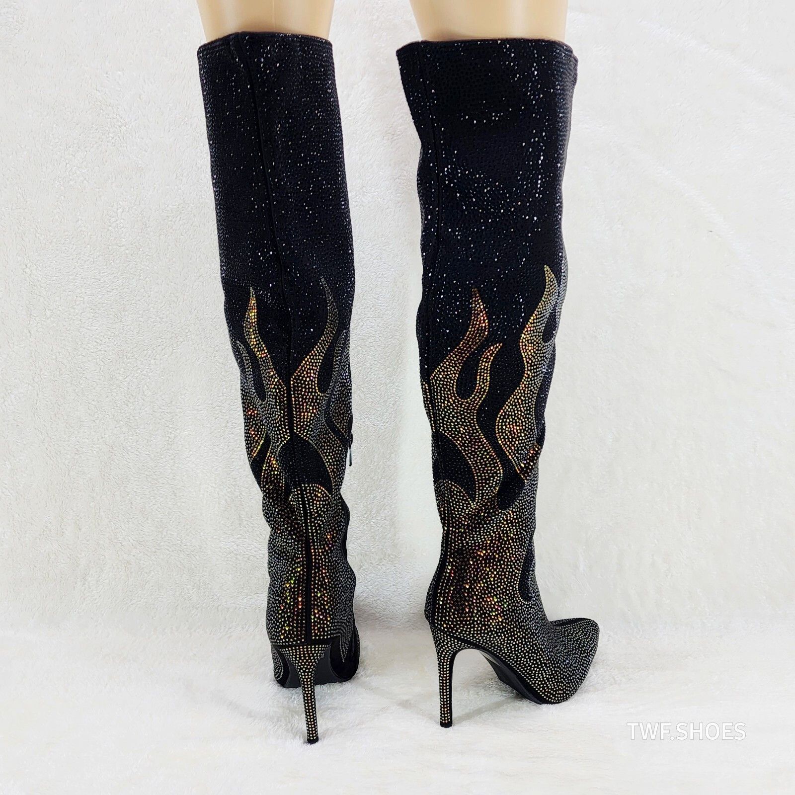 Other Like It Hot Black Rhinestone Flame Detail Sexy OTK High Heel Size US 7 / IT 37 - 5 Thumbnail