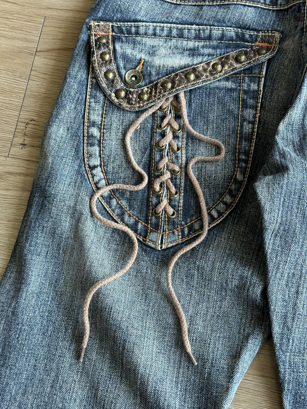 Japanese Brand XX Semantic Design Snake Skin Laces Riot Punk Flared Denim Size US 34 / EU 50 - 6 Thumbnail