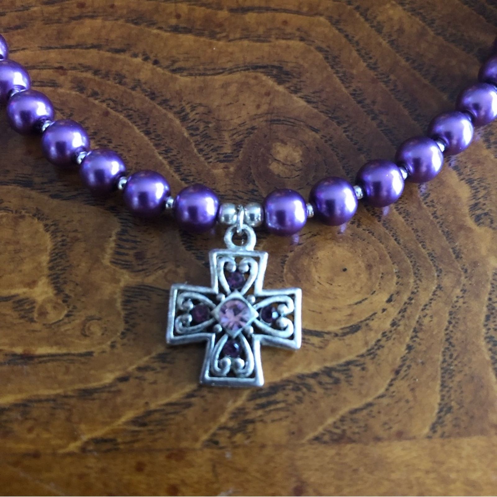 Handmade Handcrafted repurpose Maltese cross pendant Pearl necklace Size ONE SIZE - 10 Thumbnail