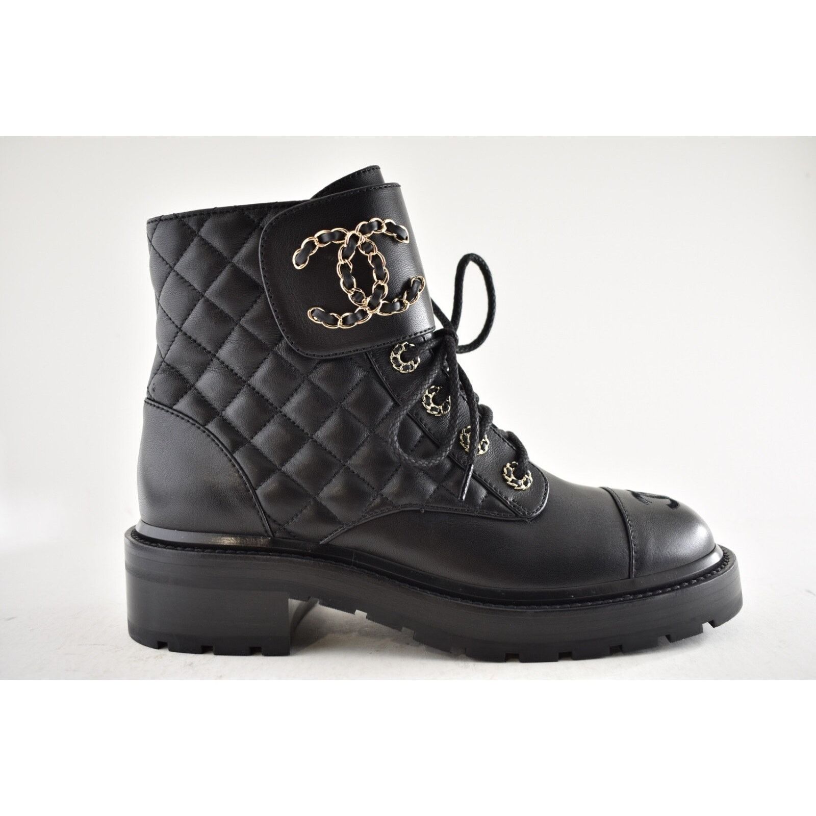 Chanel Chanel 21A Black Quilted Gold CC Chain Combat Lace Up Size US 8.5 / IT 38.5 - 2 Thumbnail