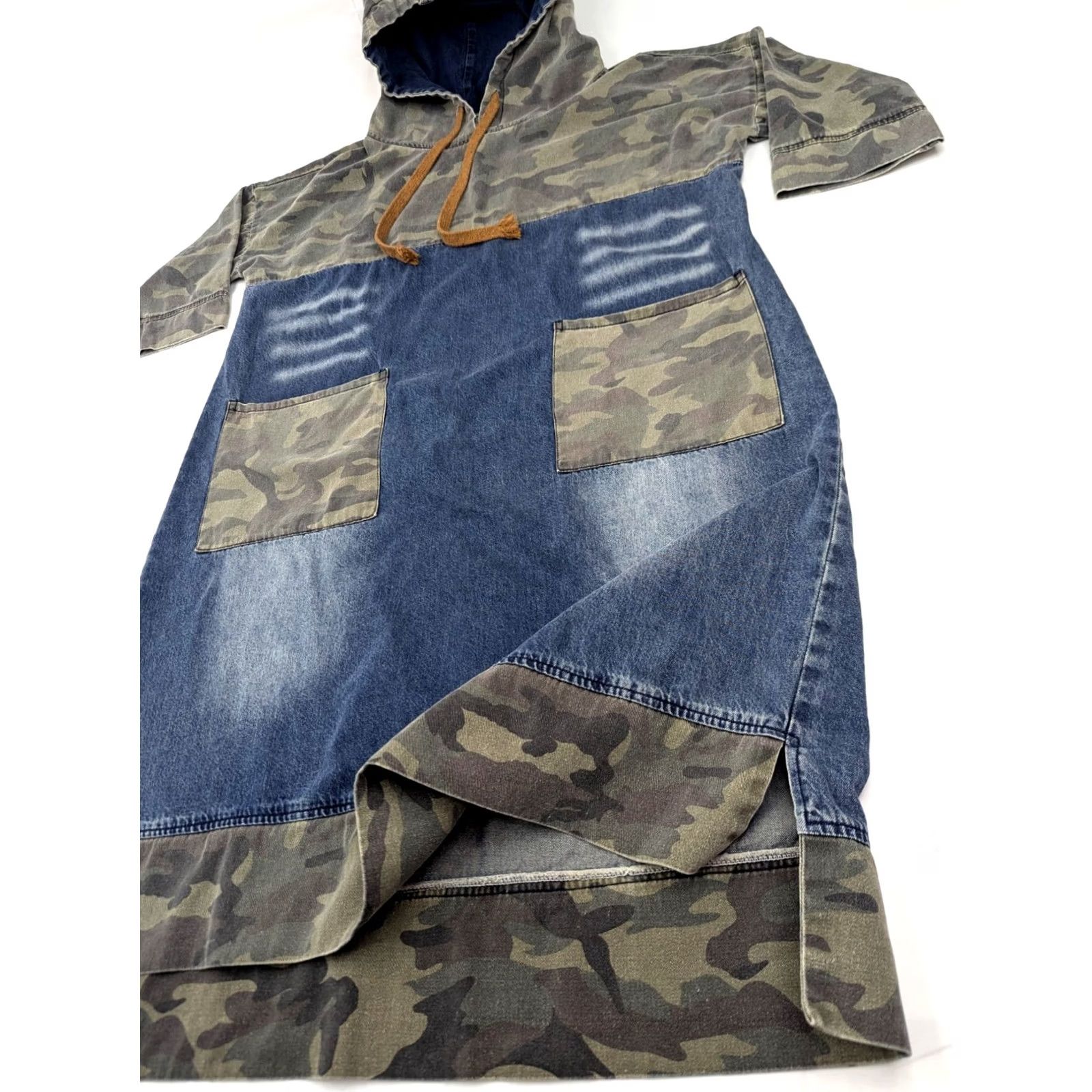 Denime Feilipamu Y2K Streetwear Camouflage Blue Jean Colorblock Denim Dress Women L Hooded Shirt Dress Casual 90s Retro Womens Size 36" / US 14 / IT 50 - 2 Thumbnail