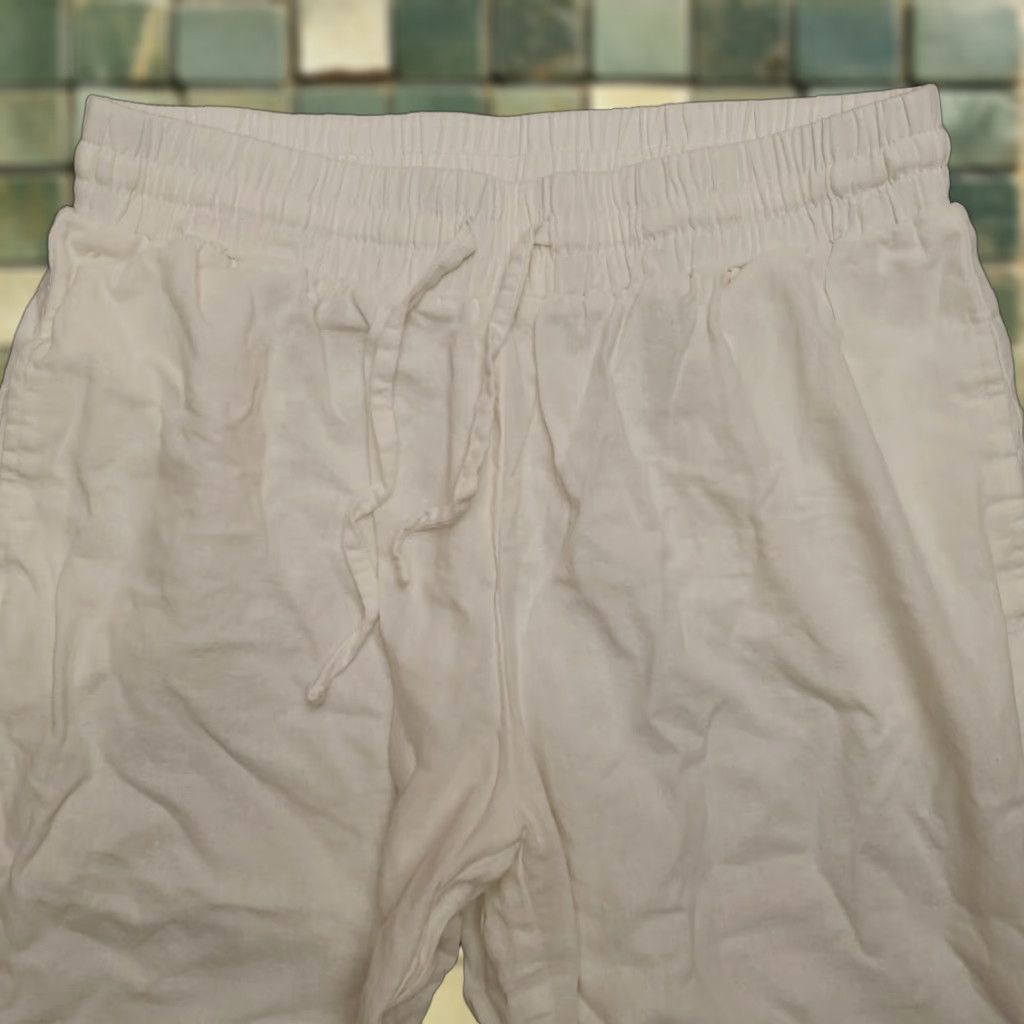Vintage Linen Blend Pants Womens M White Cropped Summer Resort Comfort Capri Drawstring Size 32" / US 10 / IT 46 - 1 Thumbnail