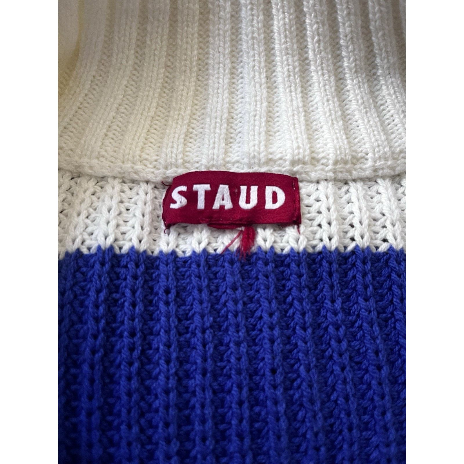 Staud STAUDE Blue Striped Quarter Zip Ribbed Cotton Blend Sweater Size M / US 6-8 / IT 42-44 - 6 Thumbnail