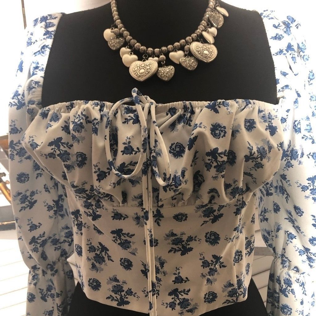 Vintage Y2K boho Cropped Top Tie Trumpet Sleeves Floral Blue White M Size M / US 6-8 / IT 42-44 - 9 Thumbnail