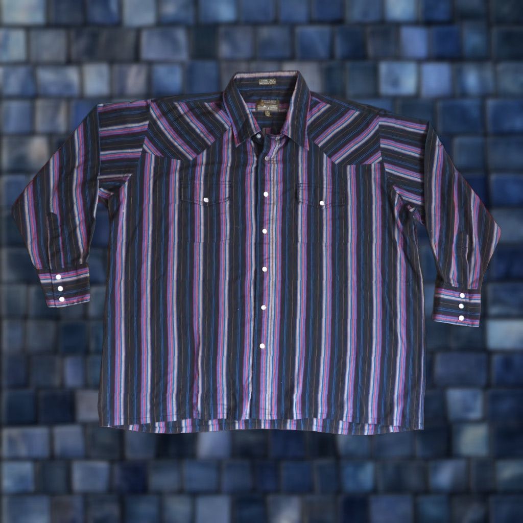 Vintage VINTAGE Outlaw Shirt Western 2XL Black Purple Striped Pearl Snap Long Sleeve Cotton Blend 1980s Rockabilly Mens Size US XXL / EU 58 / 5 - 1 Thumbnail