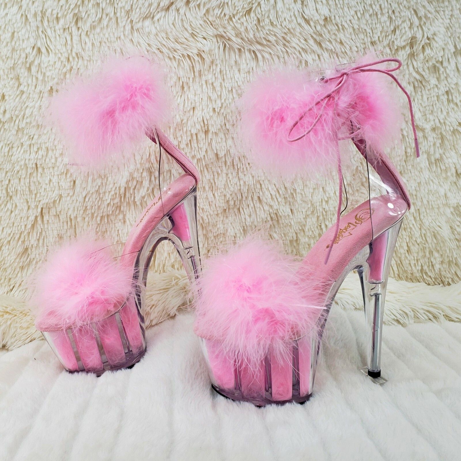 Other Adore 724 Baby Pink Marabou Platform Shoes Sandals 7" High H Size US 11 / IT 41 - 1 Thumbnail