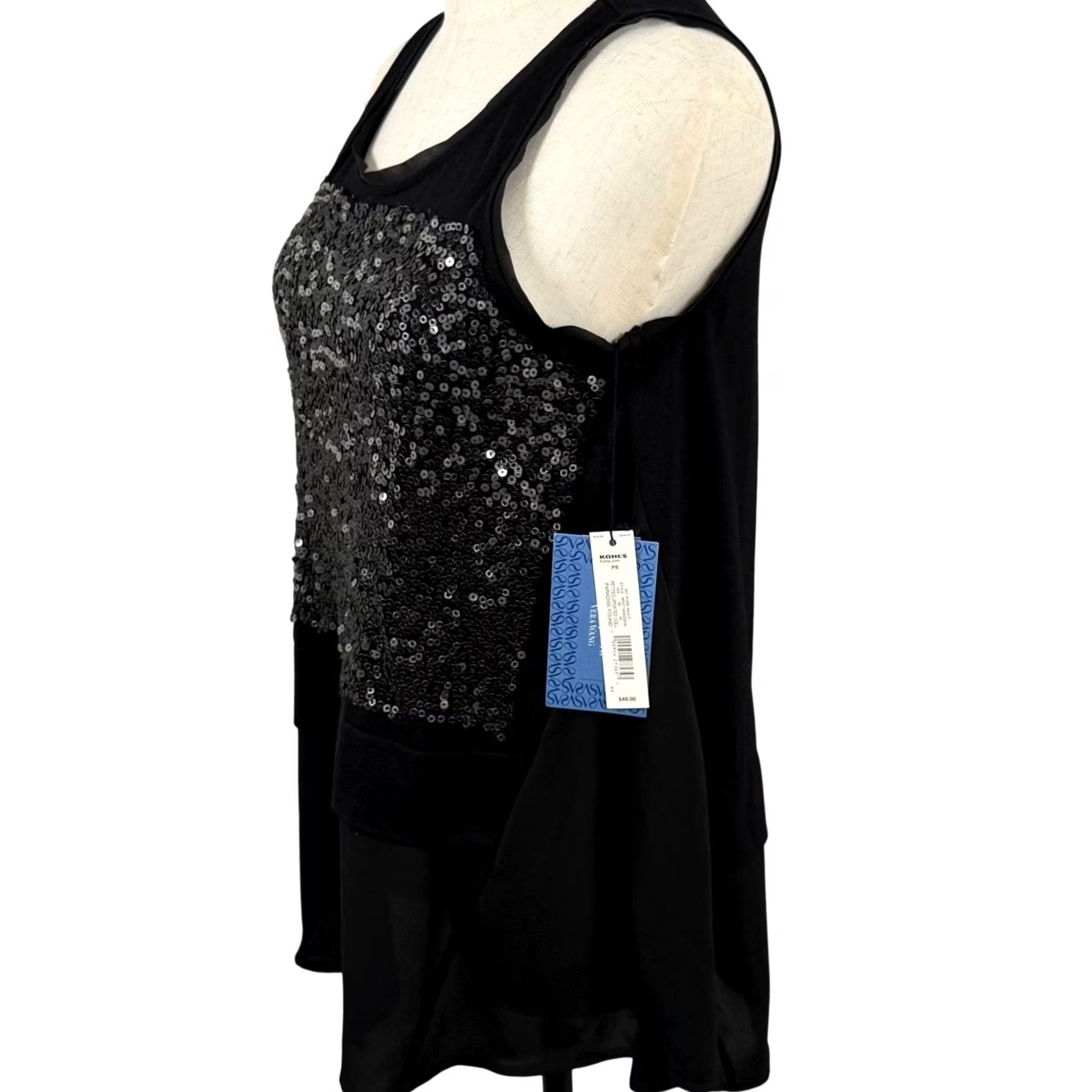 Vintage Simply Vera Vera Wang Tank Top Womens PS Black Sequin Layered High Low Glam Party NWT Size S / US 4 / IT 40 - 2 Thumbnail