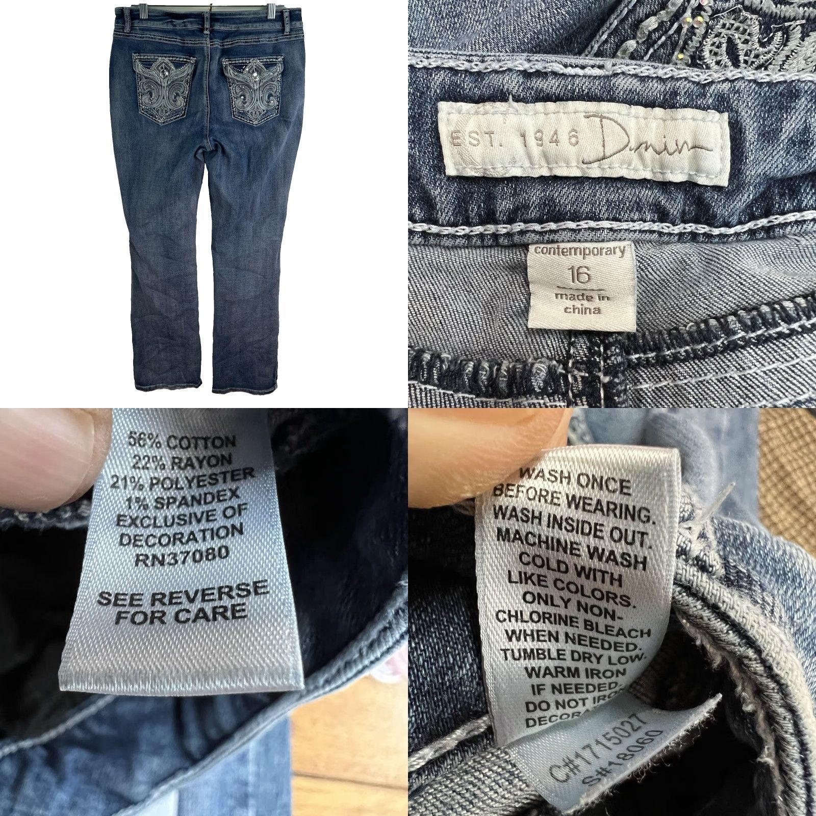 Denime Est 1946 Denim Boot-Cut Jeans Womens 16 Blue 36X33 Embroidered Beaded Rhinestone Casual Comfortable Stretch Regular Mid Rise Jeans Women Size 38" / US 16 / IT 52 - 8 Thumbnail