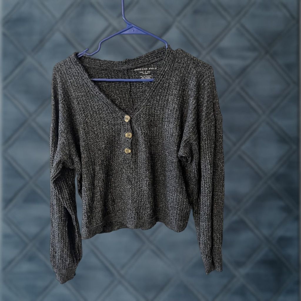 American Eagle Outfitters American Eagle Outfitters Sweater Women's XS Henley Crew Neck Long Sleeve Gray Black Knit Size XS / US 0-2 / IT 36-38 - 1 Thumbnail