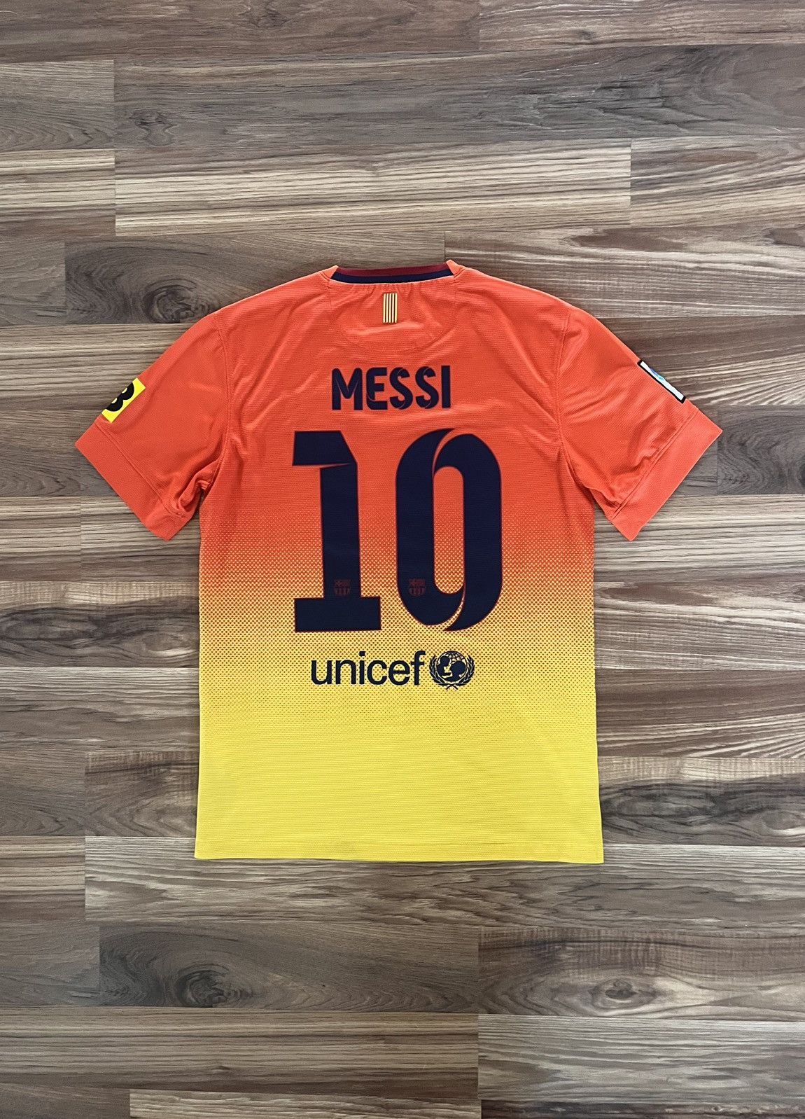 image of F C Barcelona x Nike 2012-13 Barcelona Messi Away Kit in Orange/Yellow, Men's (Size Small)