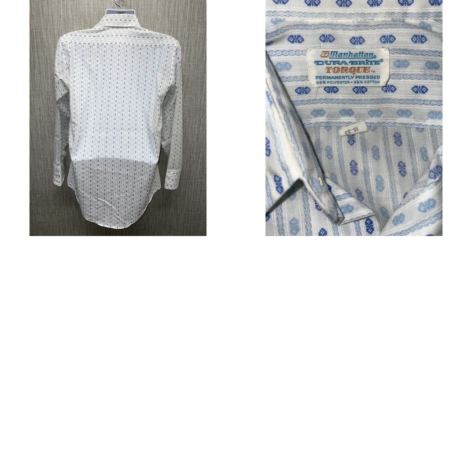 Vintage Manhattan Dura Brite Torque Polyester Blend Blue Button Down Shirt Mens M 15-33 Size US M / EU 48-50 / 2 - 8 Thumbnail