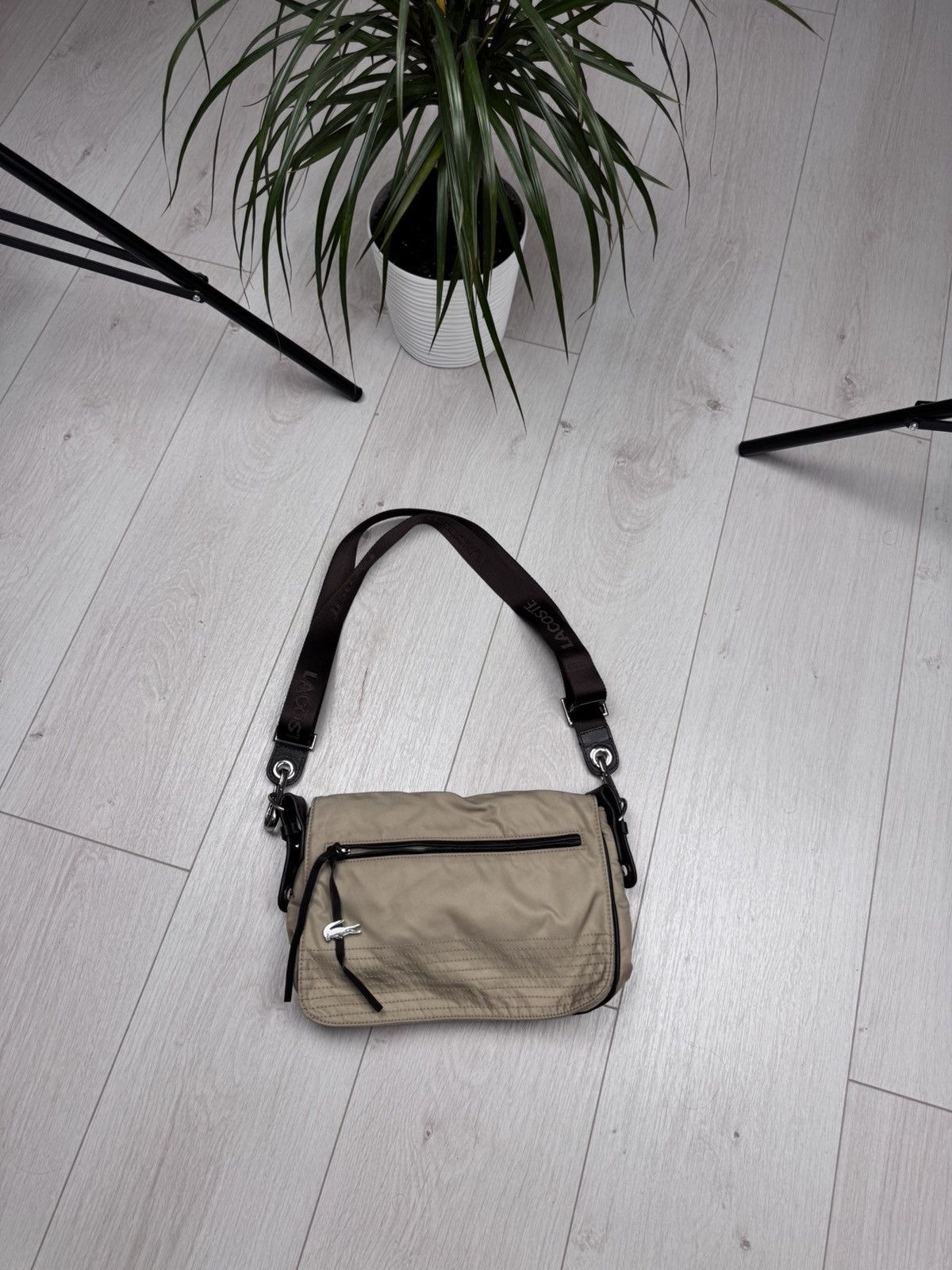 Lacoste Messenger Bag Metal Logo in Beige, Men's
