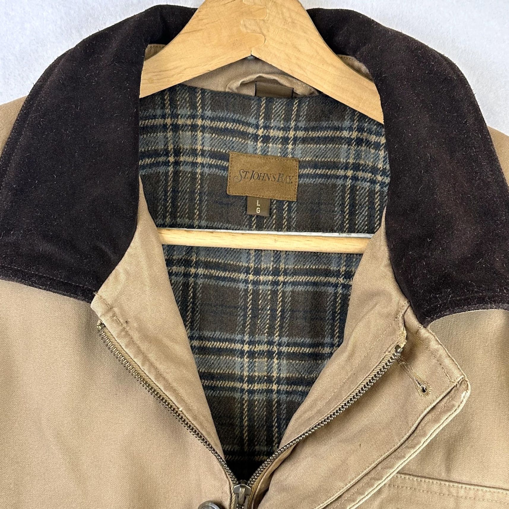 Vintage St. John's Bay Jacket Mens Large Canvas Barn Coat Leather Collar Plaid Lining Size US L / EU 52-54 / 3 - 7 Thumbnail