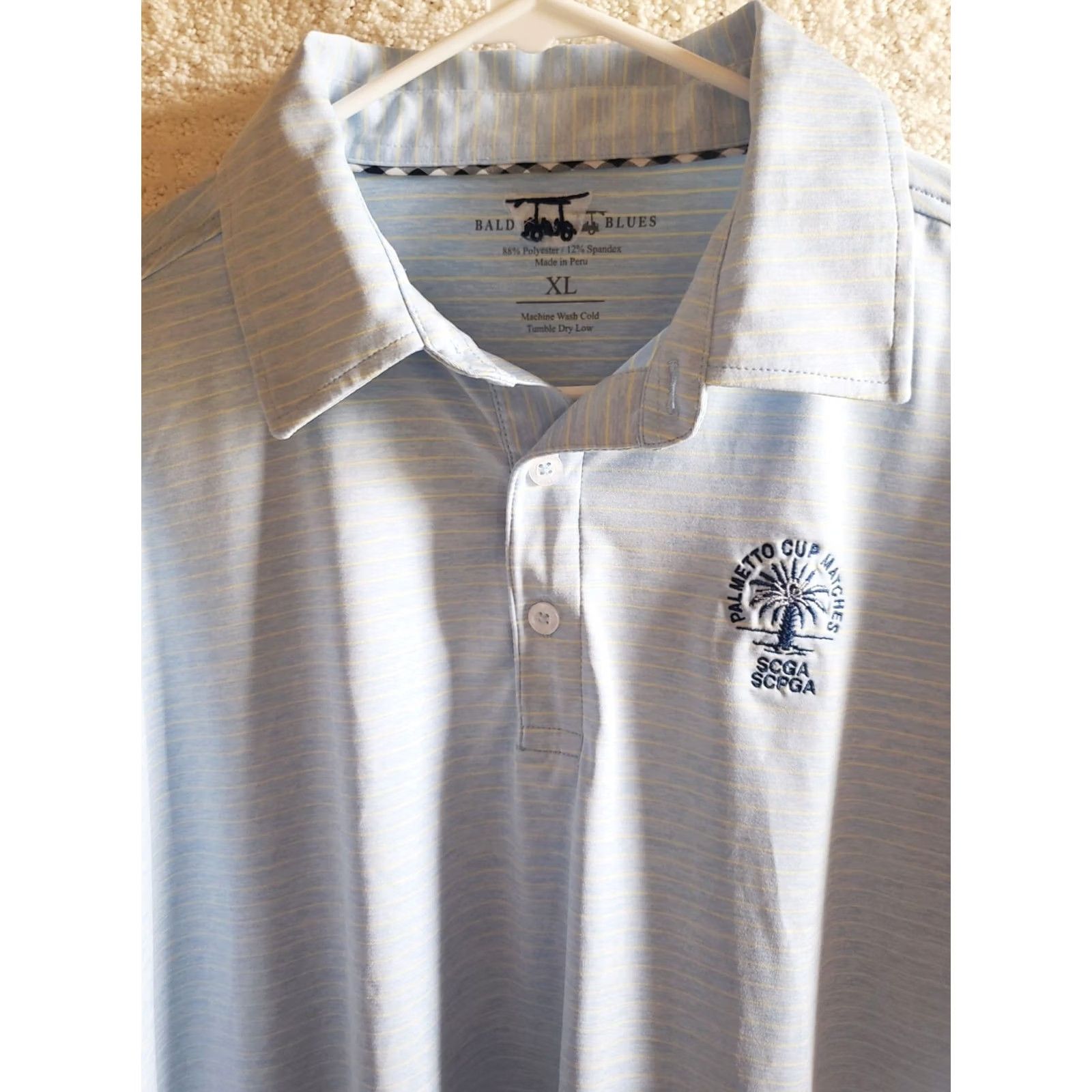 Vintage Bald Head Island Club Polo Shirt Mens XL Blue Yellow Striped Knit Polyester Spandex Logo Golf Shirt Size US XL / EU 56 / 4 - 3 Thumbnail