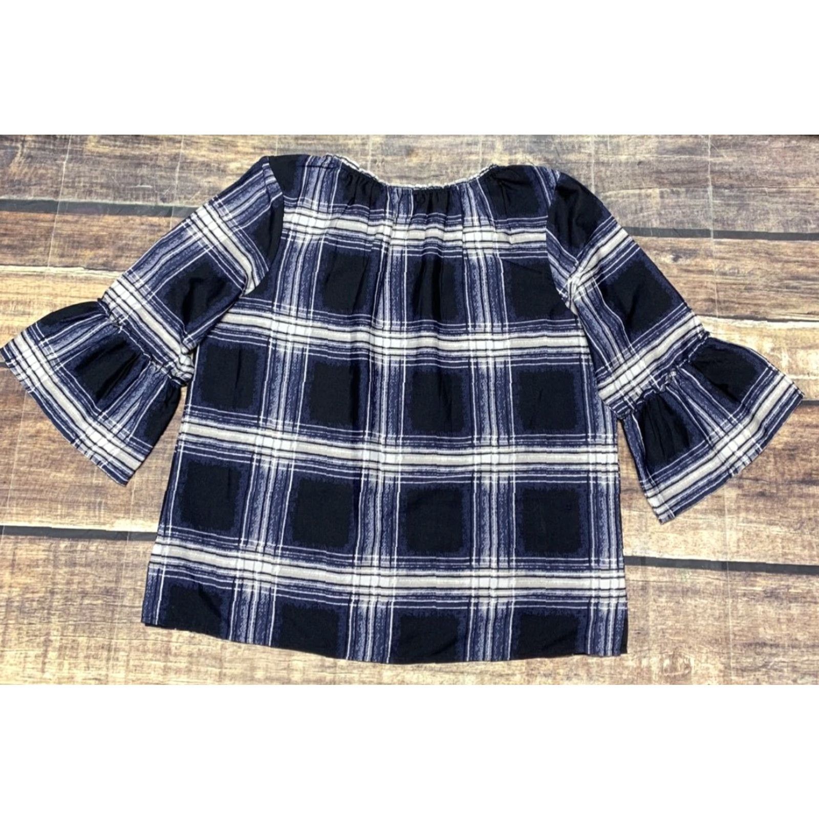 Vintage Hanna Blouse Blue White 3/4 Sleeve Bell 3" Side Slits L Womens Tunic Shirt Style Casual Vintage: No, Relaxed Fit (if allowed) Size L / US 10 / IT 46 - 6 Thumbnail