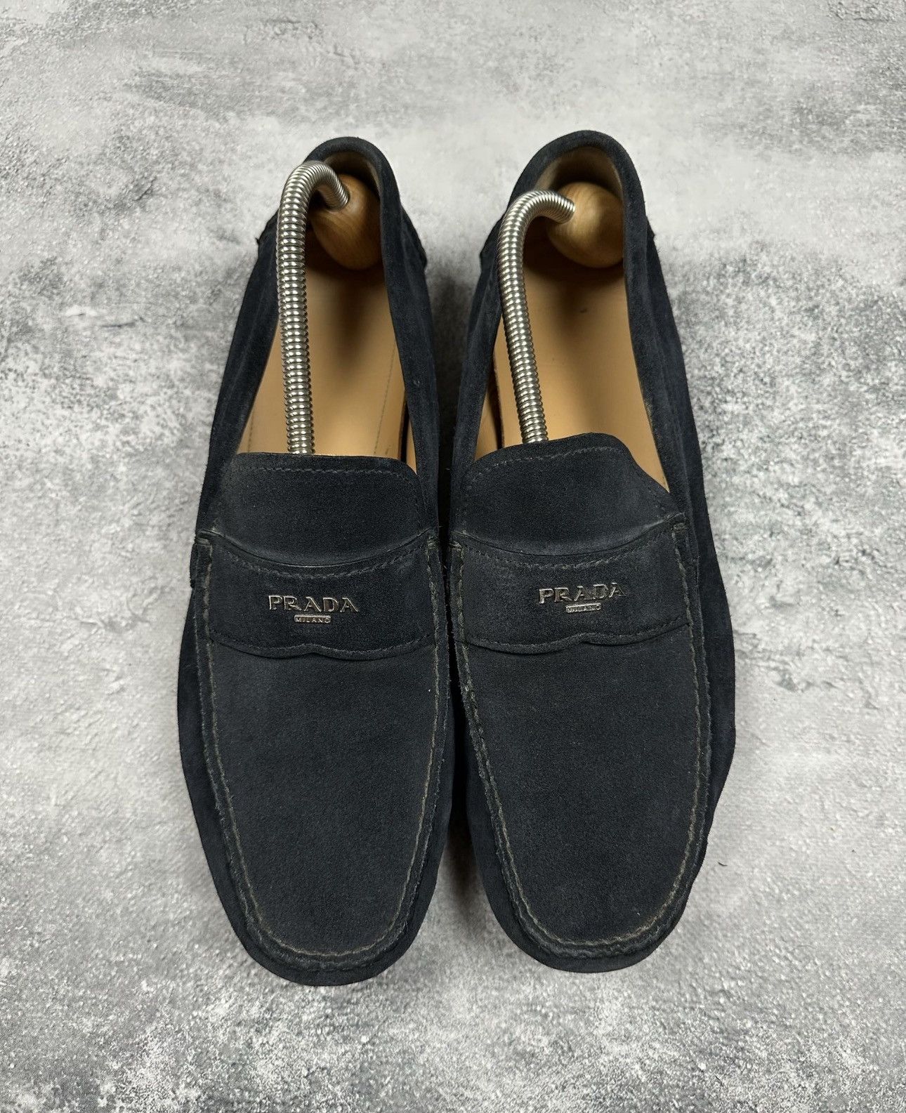Prada Logo Suede Moccasins Driving Loafers Shoes Boots 43.5 in Black, Men's (Size 10.5)