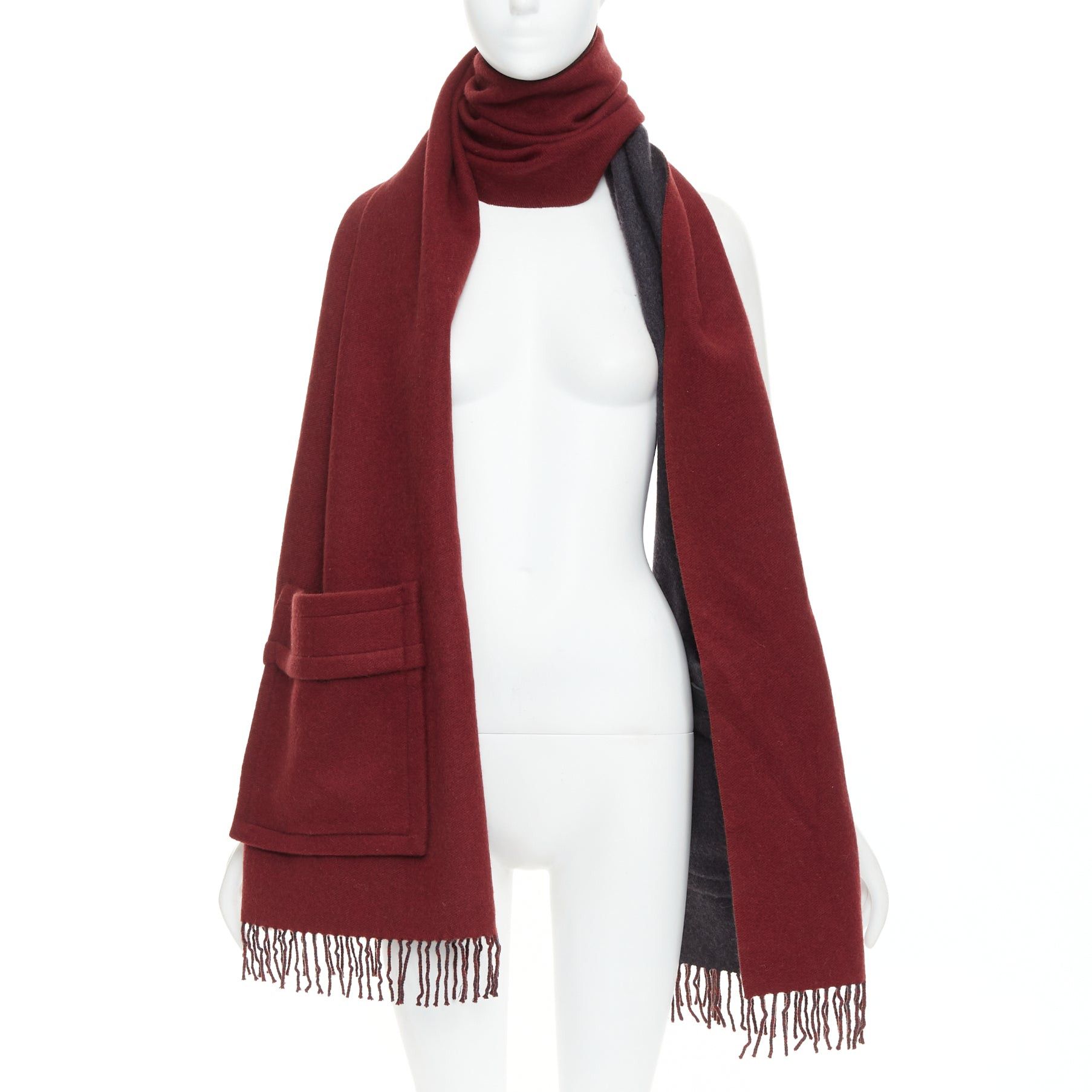 Fendi FENDI 100% cashmere burgundy grey bicolor pocket fringed long scarf Size ONE SIZE - 1 Thumbnail