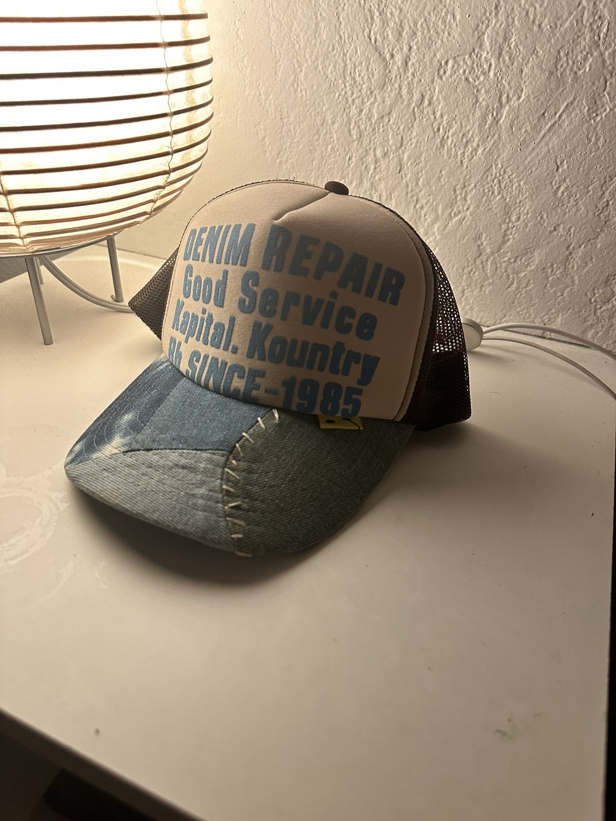 image of Kapital Denim Repair Denim Bill Trucker in Blue, Men's