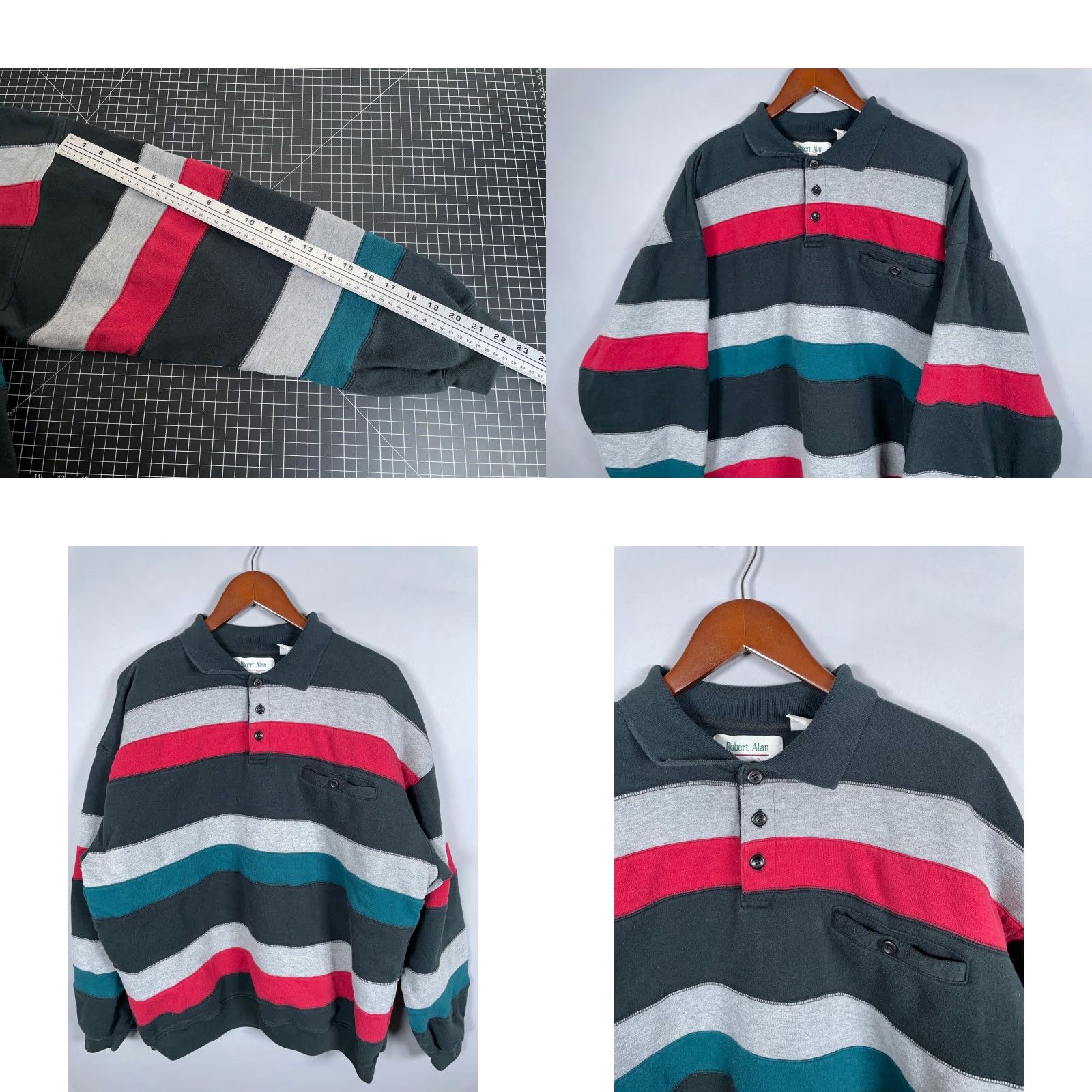 Vintage VINTAGE Robert Alan Sweater Shirt XL Black Gray Striped Collared Heavyweight 90s Pullover Men’s Size US XL / EU 56 / 4 - 8 Thumbnail
