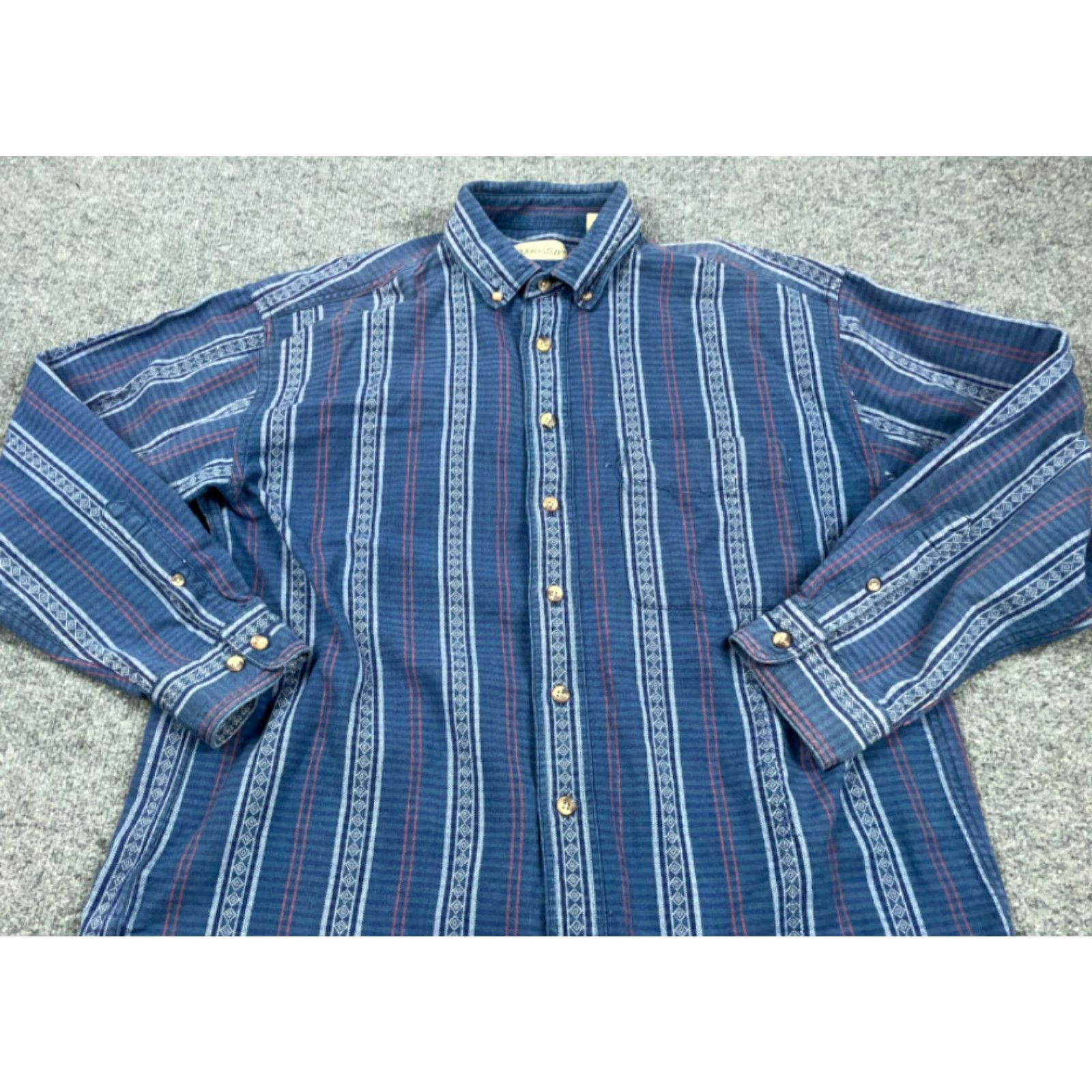 Vintage Blue Geometric Tribal Motif Pattern Button Up Shirt Adult Large Festival Aztec Size US L / EU 52-54 / 3 - 7 Thumbnail