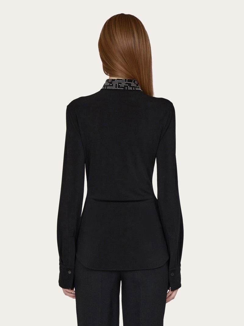 Salvatore Ferragamo o1s1rm0126 Studded Collar Jersey Shirt in Black Size M / US 6-8 / IT 42-44 - 3 Thumbnail