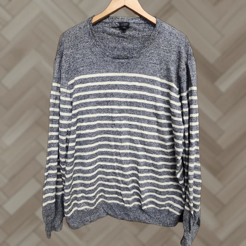 J.Crew J.CREW Mens XL Striped Pullover Knit Mock Neck Sweater Front Blue White Multicolor Cotton Linen Casual Business Travel Workwear 3/4 Sleeve? Size US XL / EU 56 / 4 - 1 Thumbnail