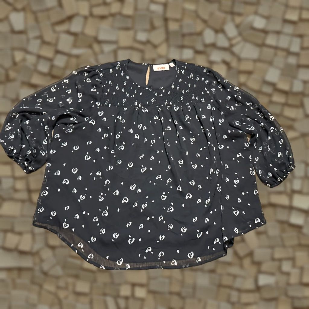 Vintage EVRI Blouse Women's Plus Size 1X Black White Heart Novelty Print Long Sleeve Size XL / US 12-14 / IT 48-50 - 1 Thumbnail