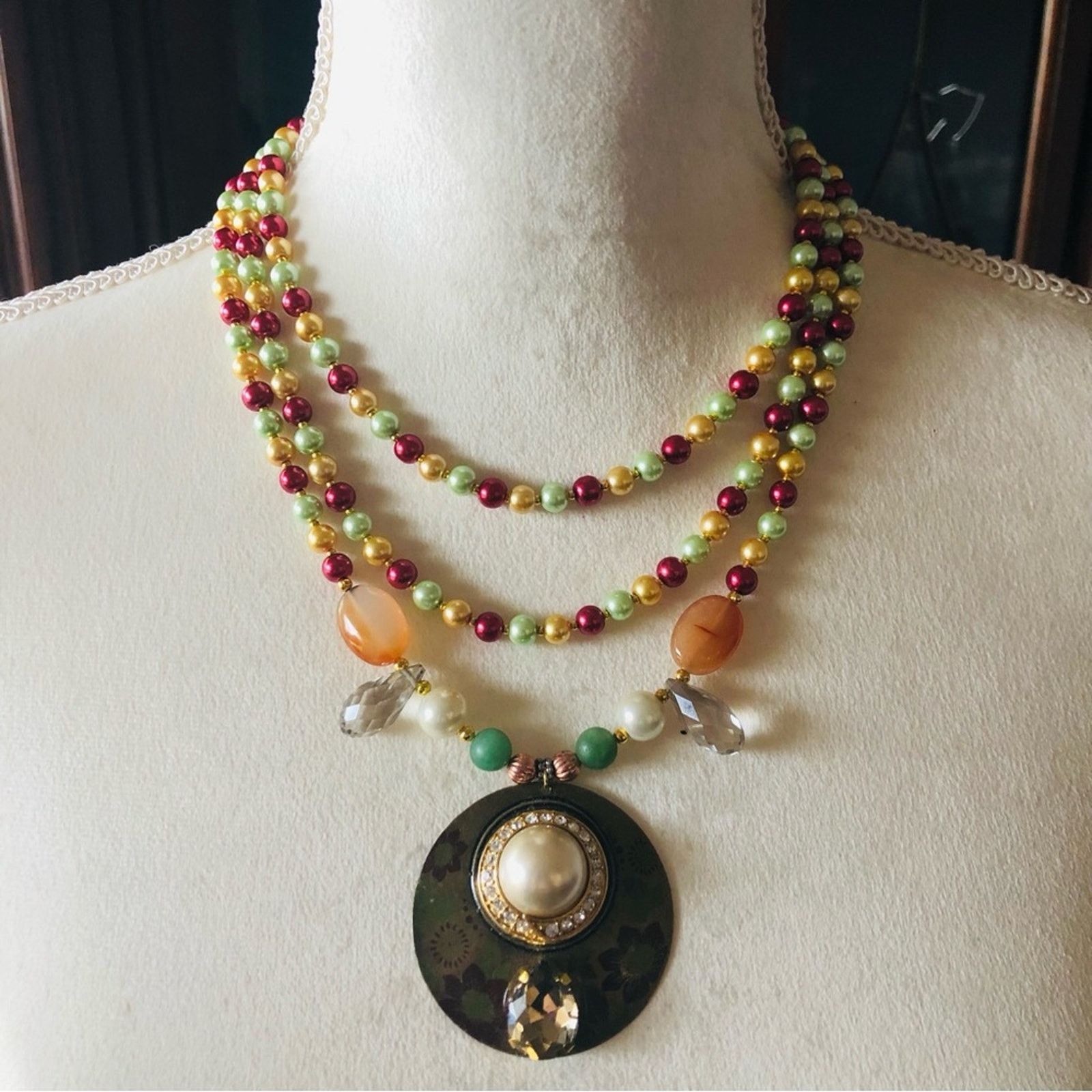 Handmade Handcrafted repurpose large amulet pendant Pearl necklace Size ONE SIZE - 2 Thumbnail