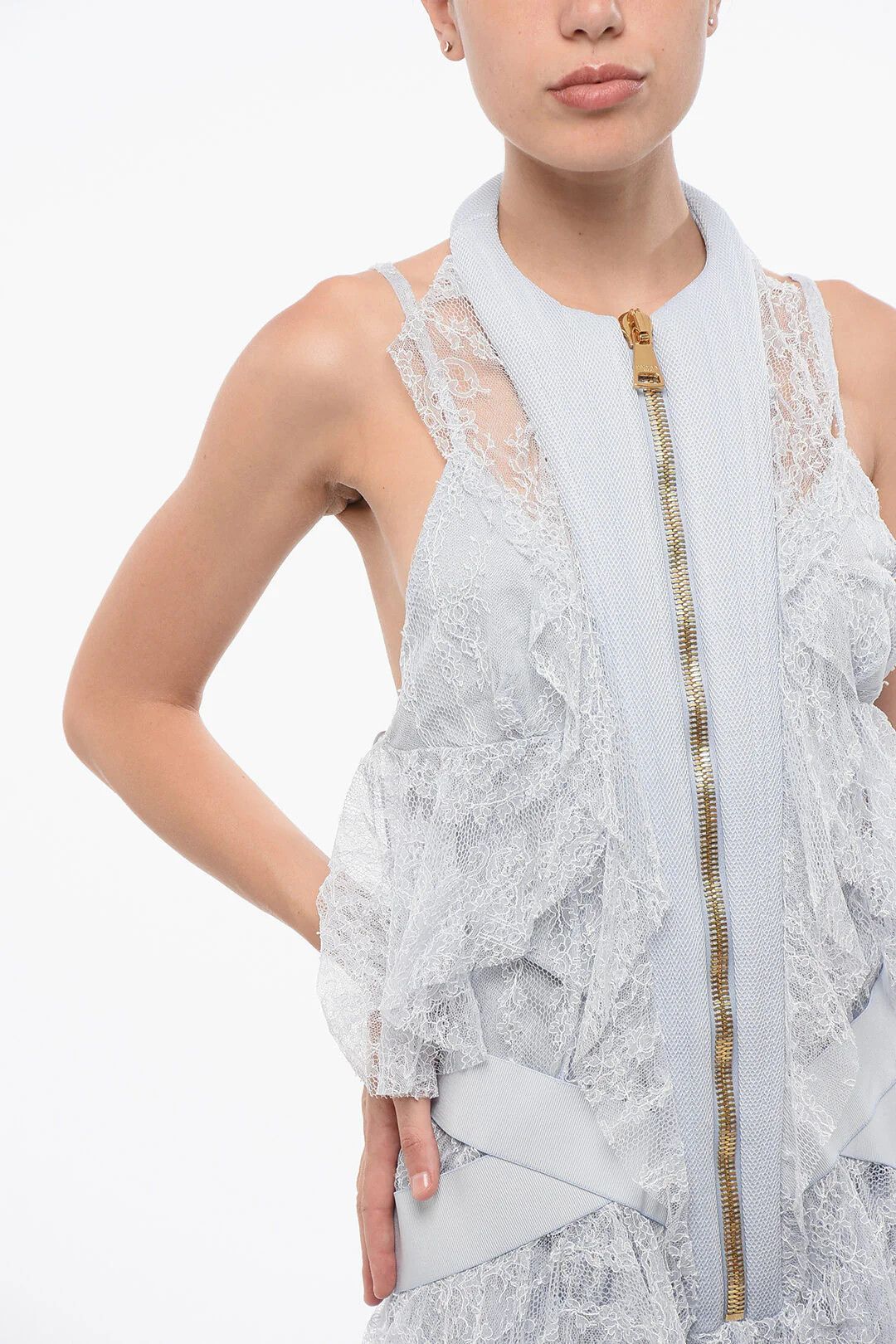 Balmain og1mm0326 Lace Mini Dress in Blue Size XS / US 0-2 / IT 36-38 - 3 Thumbnail