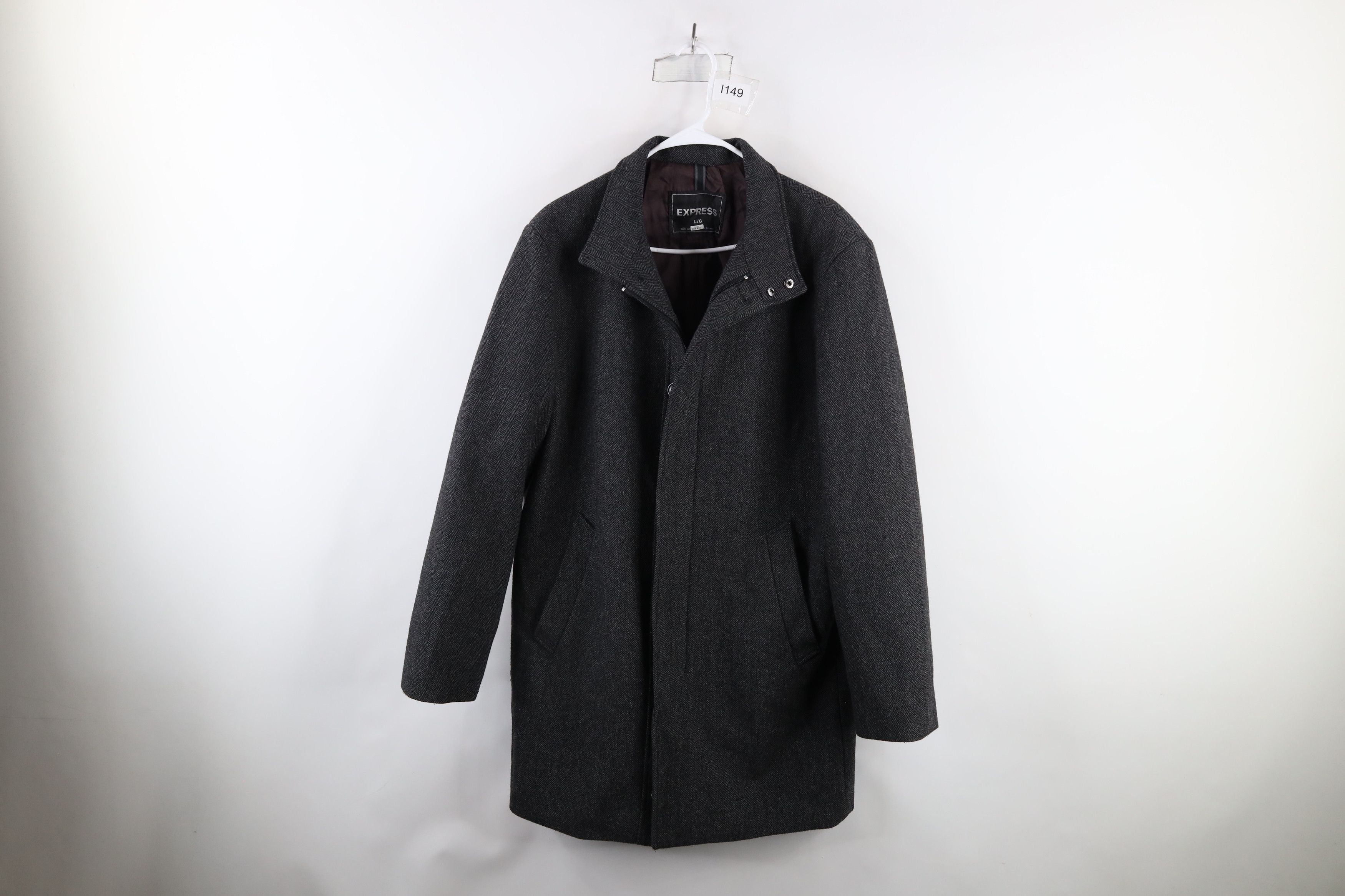 Express × Vintage Express Herringbone Full Zip Overcoat Trench Jacket Gray Size US L / EU 52-54 / 3 - 1 Thumbnail