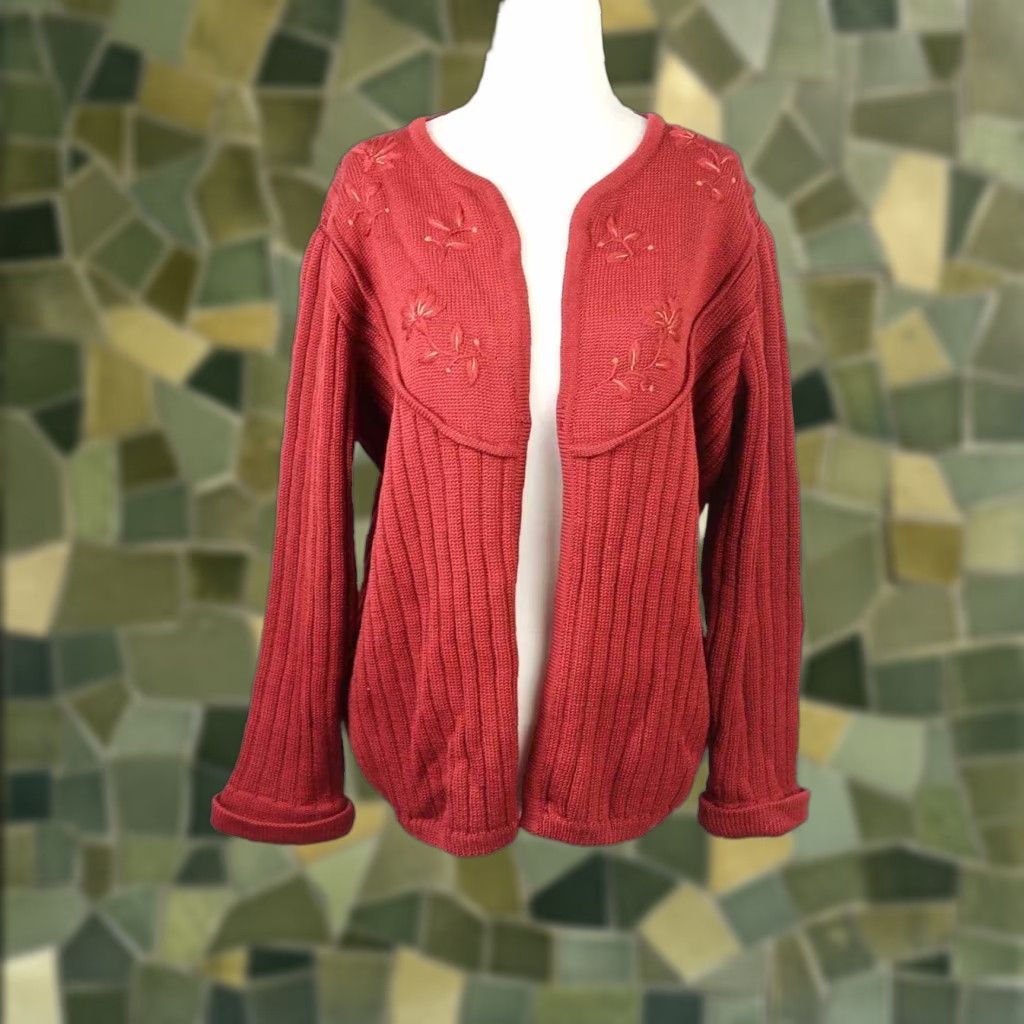 Vintage VINTAGE 90s raspberry red prink floral embroidered knit cardigan sweater L Womens Cardigan Size L / US 10 / IT 46 - 1 Thumbnail