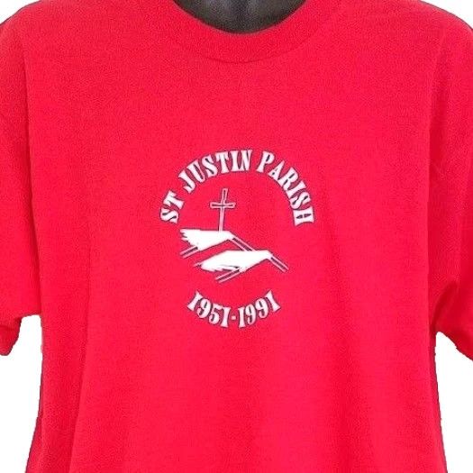 Fruit Of The Loom VINTAGE St Justin Parish Mens T Shirt Red XL 90s 1991 Roman Catholic Made In USA Fruit of the Loom Shirt Graphic Tee Mens Size US XL / EU 56 / 4 - 2 Thumbnail