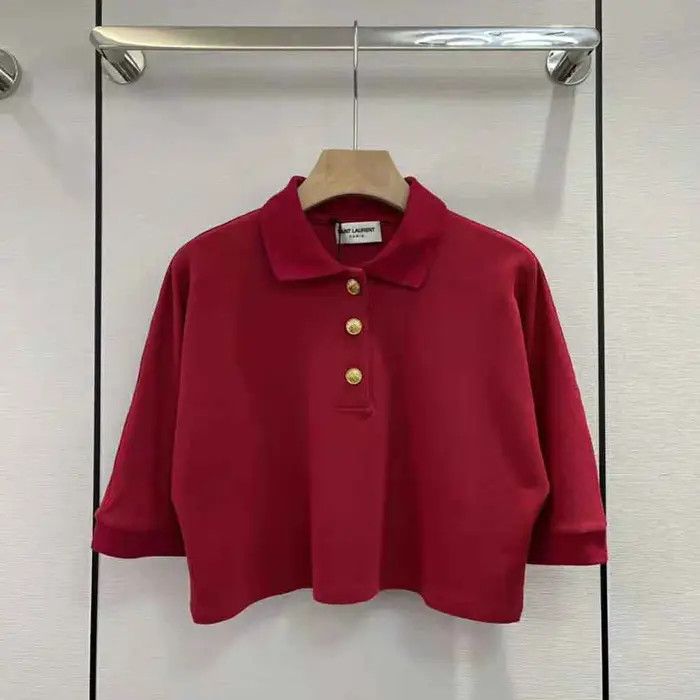 Saint Laurent Paris o1bcso1str0325 Cropped Polo Shirt In Cotton Pique in Red Size S / US 4 / IT 40 - 2 Thumbnail