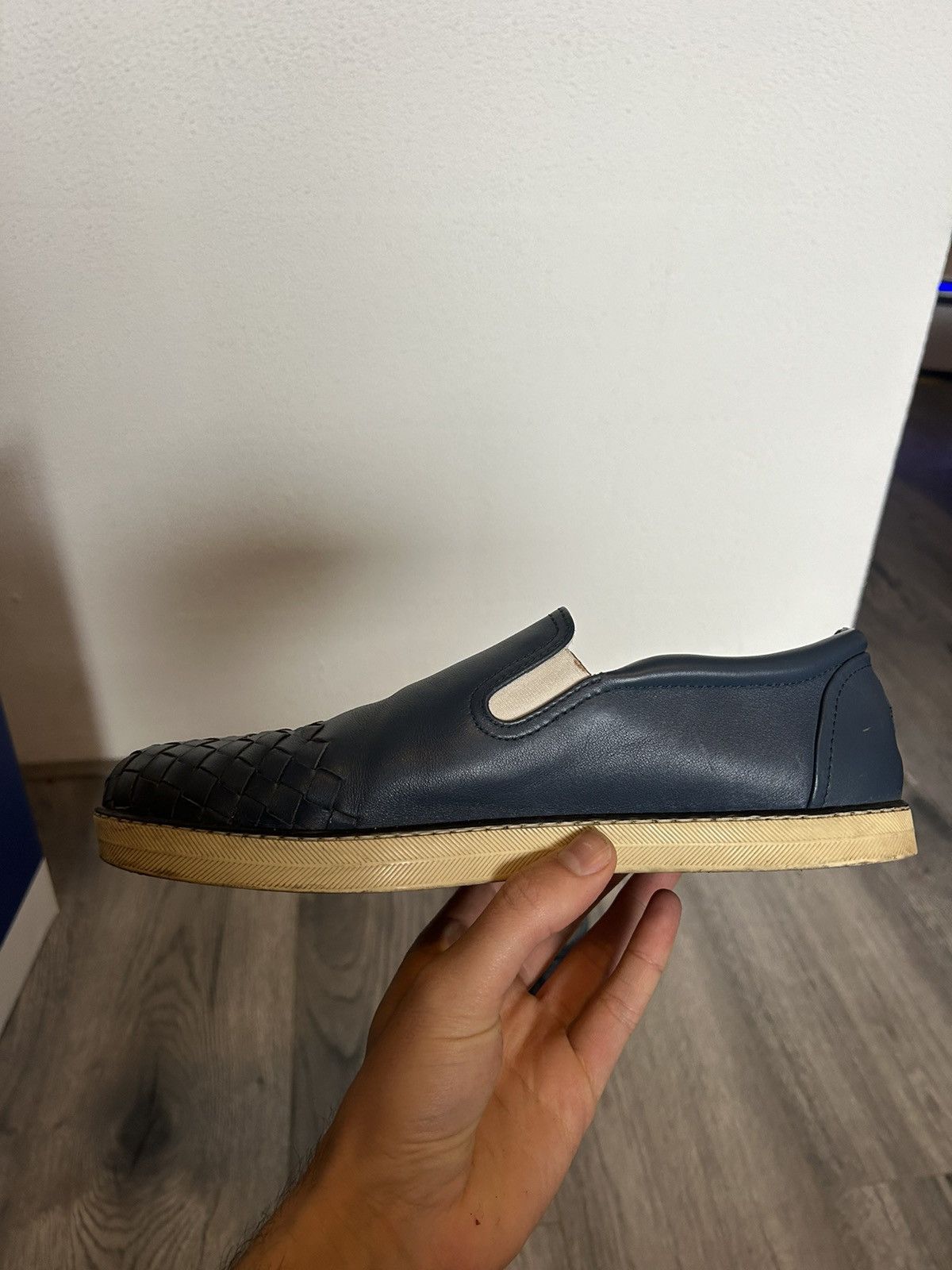 Bottega Veneta Blue Leather Slip-On Shoes with Intrecciato Detail - 41.5 Size US 8.5 / EU 41-42 - 9 Thumbnail