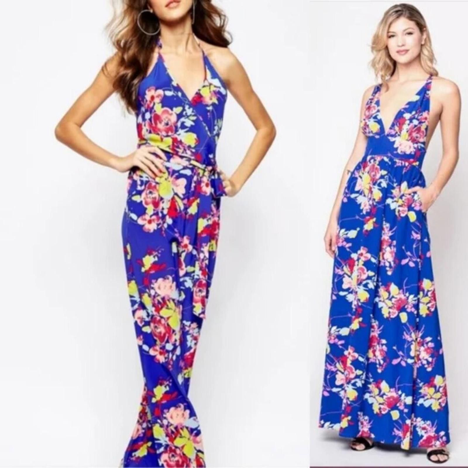 Designer NWT Yumi Kim Floral Halter Wide Leg Jumpsuit in Royal Blue Size 32" / US 10 / IT 46 - 2 Thumbnail
