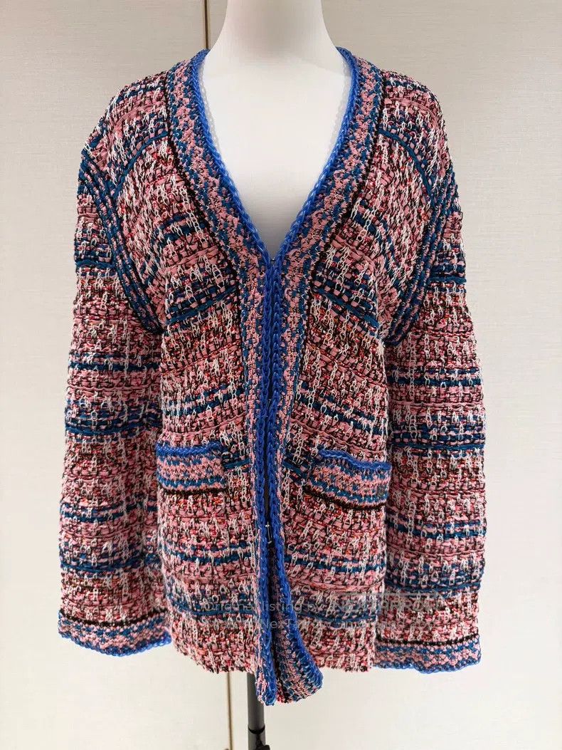 Chanel Show style pink and blue cardigan coat