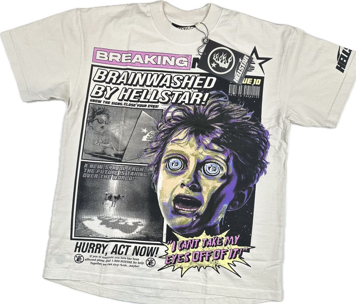 image of Hellstar Breaking News T-Shirt in Cream, Men's (Size Medium)