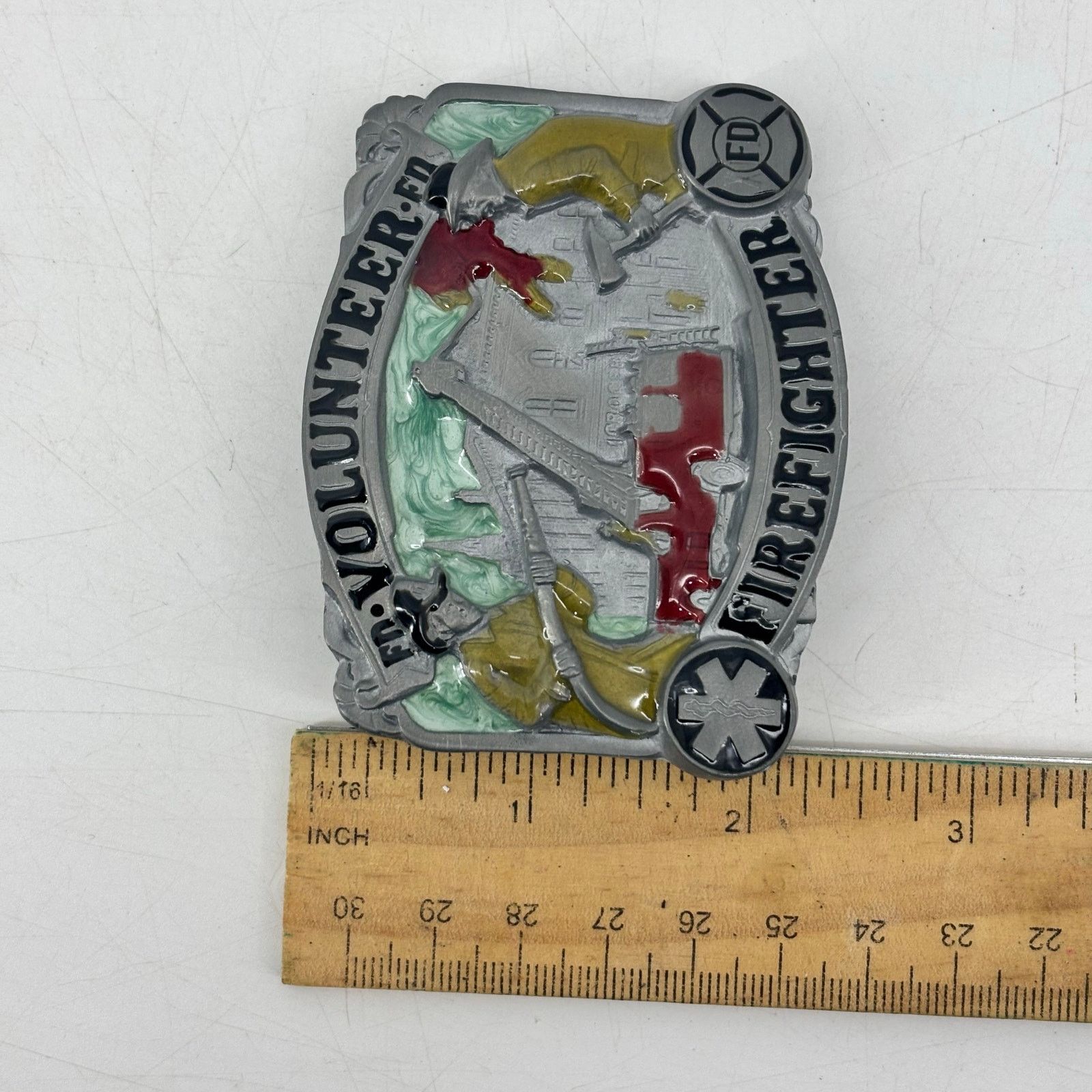 Vintage Volunteer Firefighter Belt Buckle Enamel Great American Size ONE SIZE - 5 Thumbnail