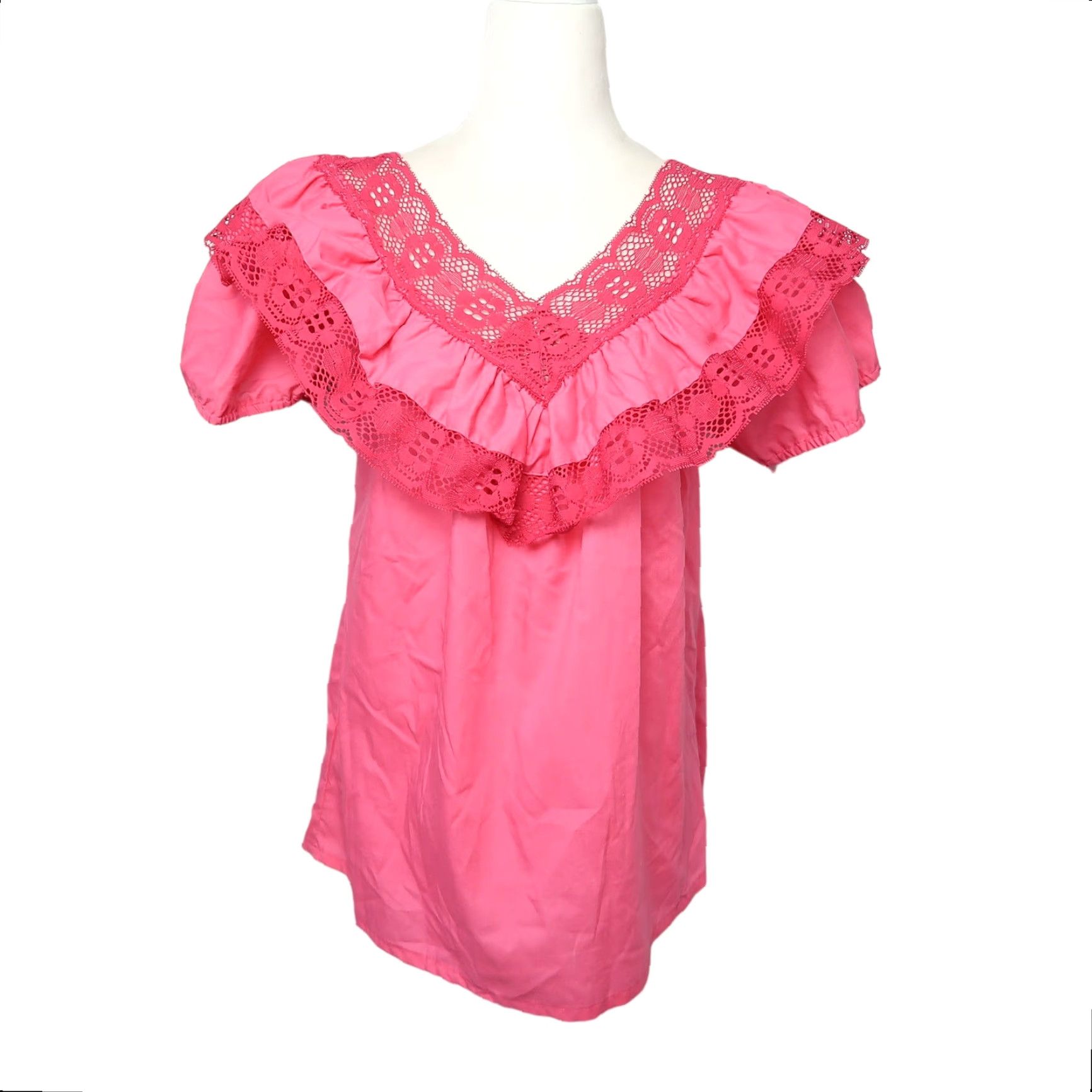 Pinko VINTAGE 70s Pink Lace Trim Ruffle Peasant Top Shirt M Womens Size M / US 6-8 / IT 42-44 - 2 Thumbnail