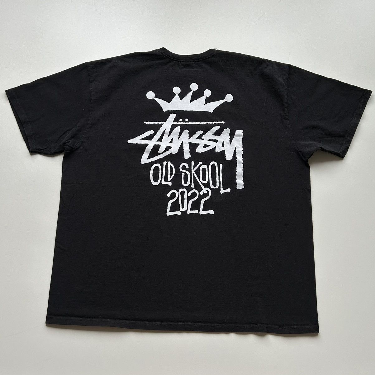 image of Vintage Stussy Old Skool 2022 Graphic T Shirt in Black, Men's (Size 2XL)