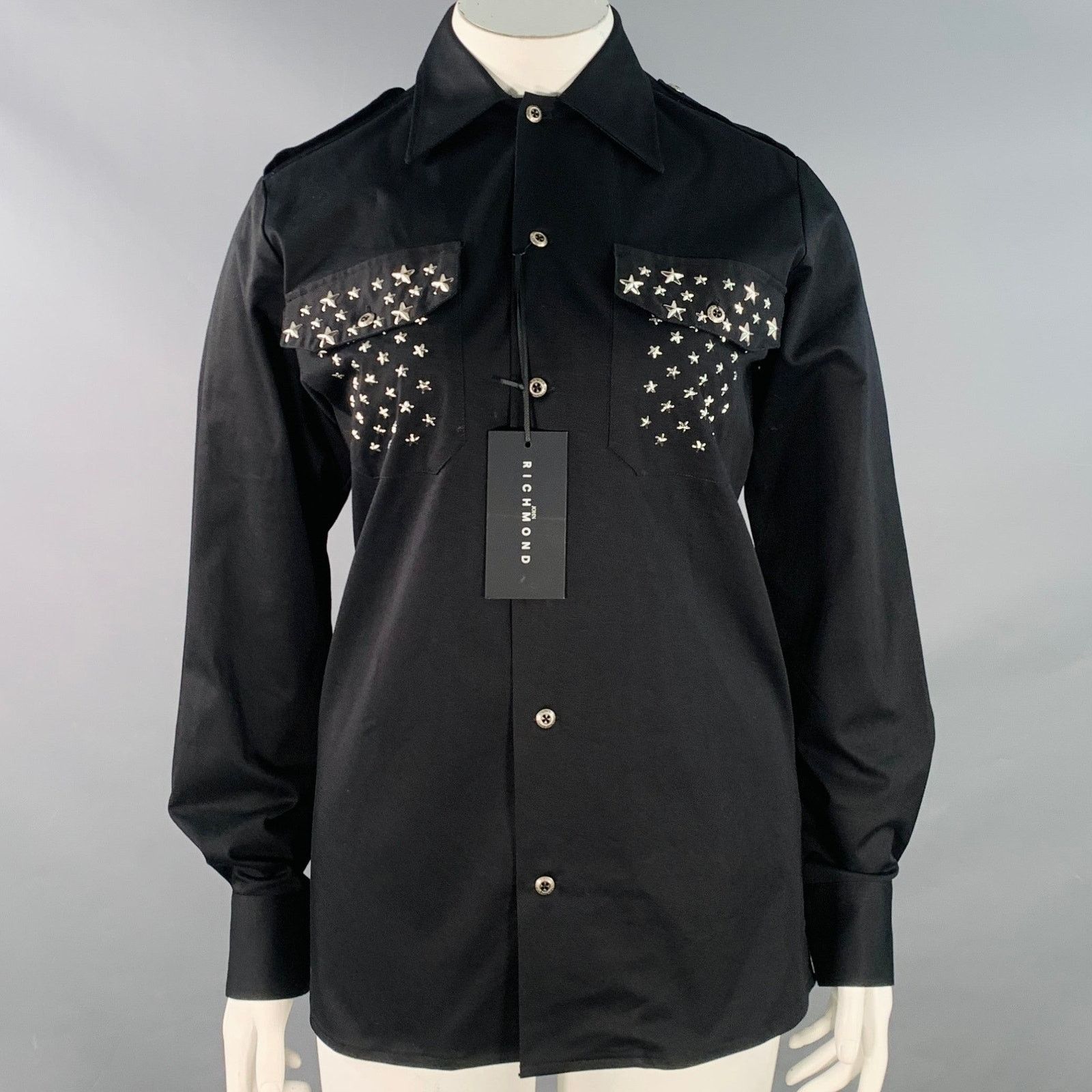 John Richmond L Black Silver Cotton Blend Studded Stars Two Pockets Shirt Size L / US 10 / IT 46 - 1 Thumbnail