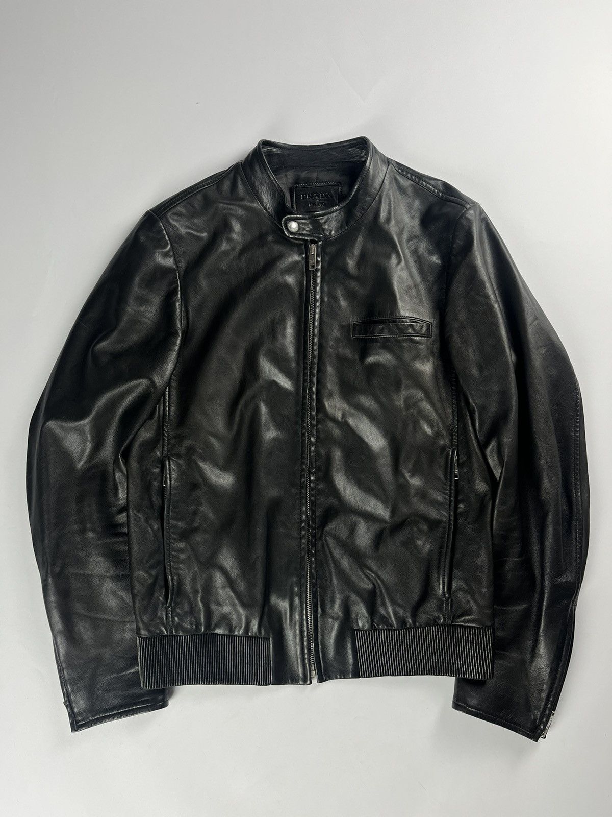 image of Prada Black Sample Leather Jacket Ss 2014, Men's (Size Medium)