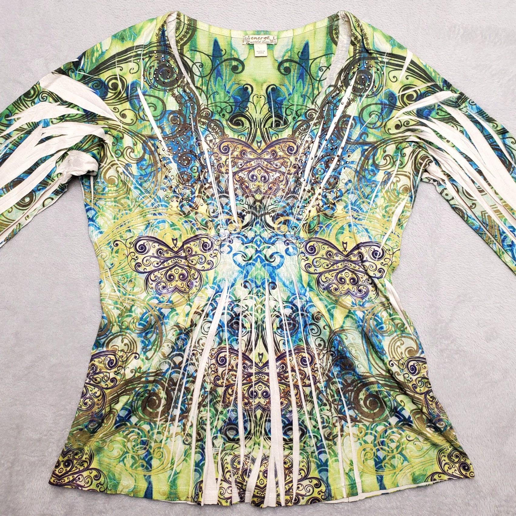 Vintage Energe Top Womens L Green Bohemian Psychedelic 3/4 Sleeve Summer Blouse Mens? Size L / US 10 / IT 46 - 3 Thumbnail