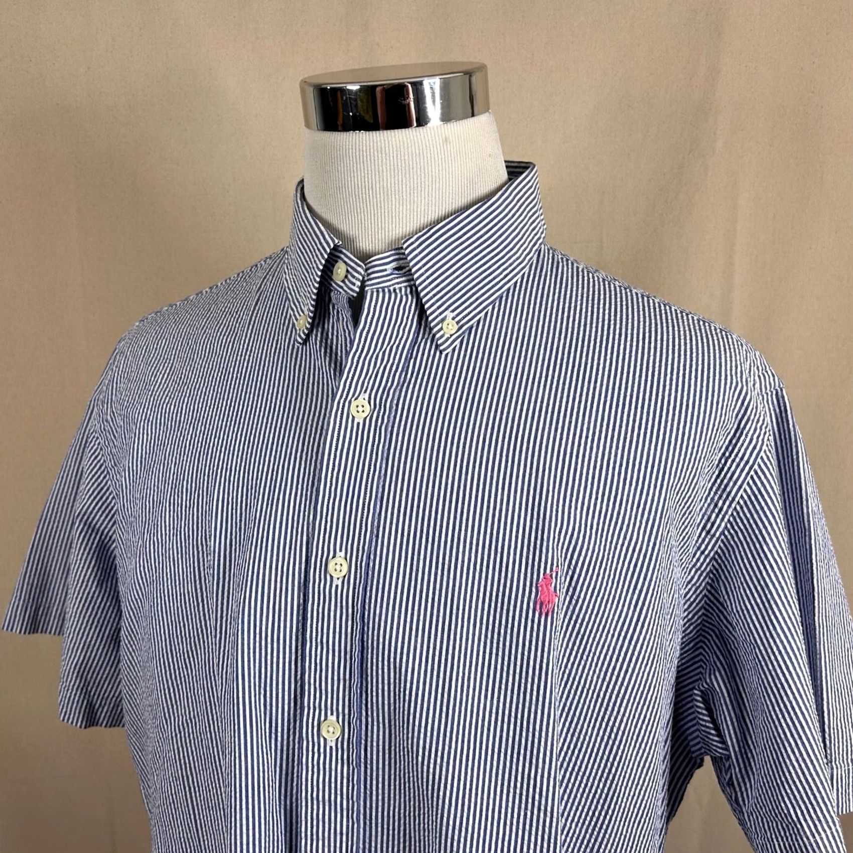 Polo Ralph Lauren Ralph Lauren Mens XL Blue White Striped Seersucker Cotton Button Down Shirt Size US XL / EU 56 / 4 - 2 Thumbnail