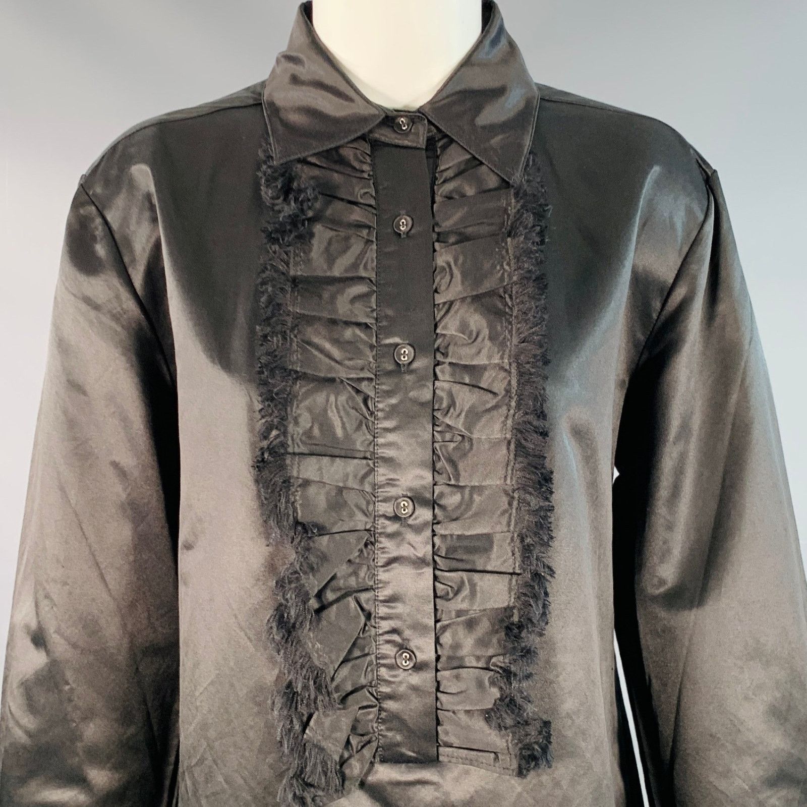 Cynthia Rowley XS Black Cotton Silk Satin Ruffled Button Up Shirt Size XS / US 0-2 / IT 36-38 - 2 Thumbnail