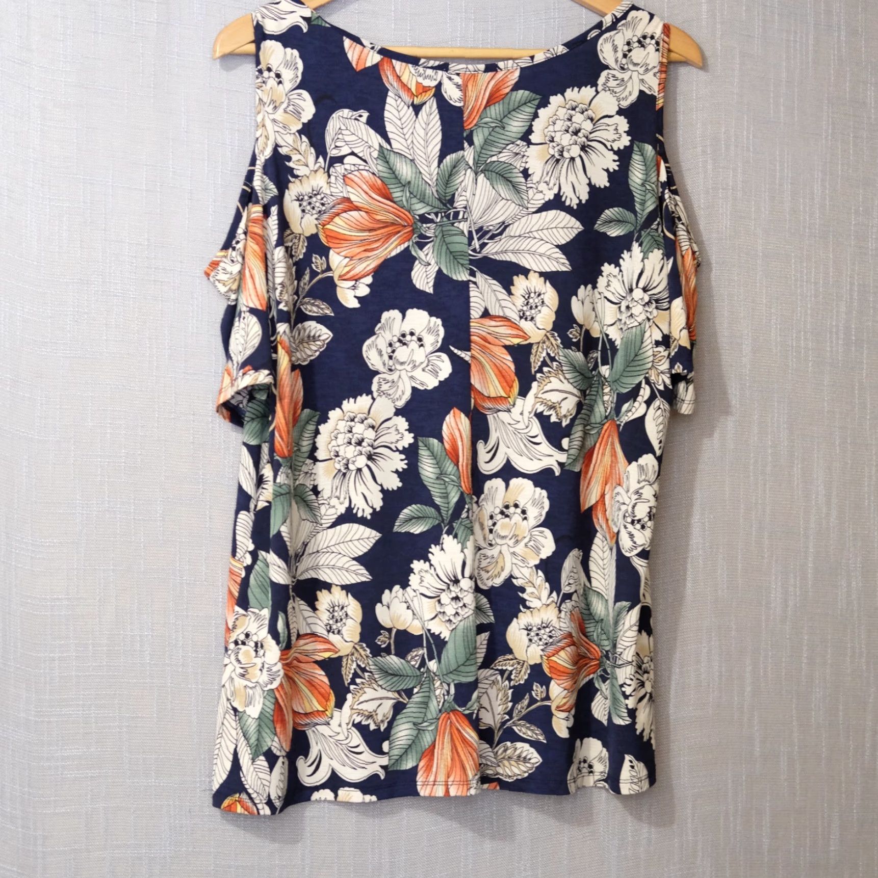 Vintage Naif Cold Shoulder Floral Blouse Navy Lightweight Women's 1X #H97-21 Size XL / US 12-14 / IT 48-50 - 4 Thumbnail