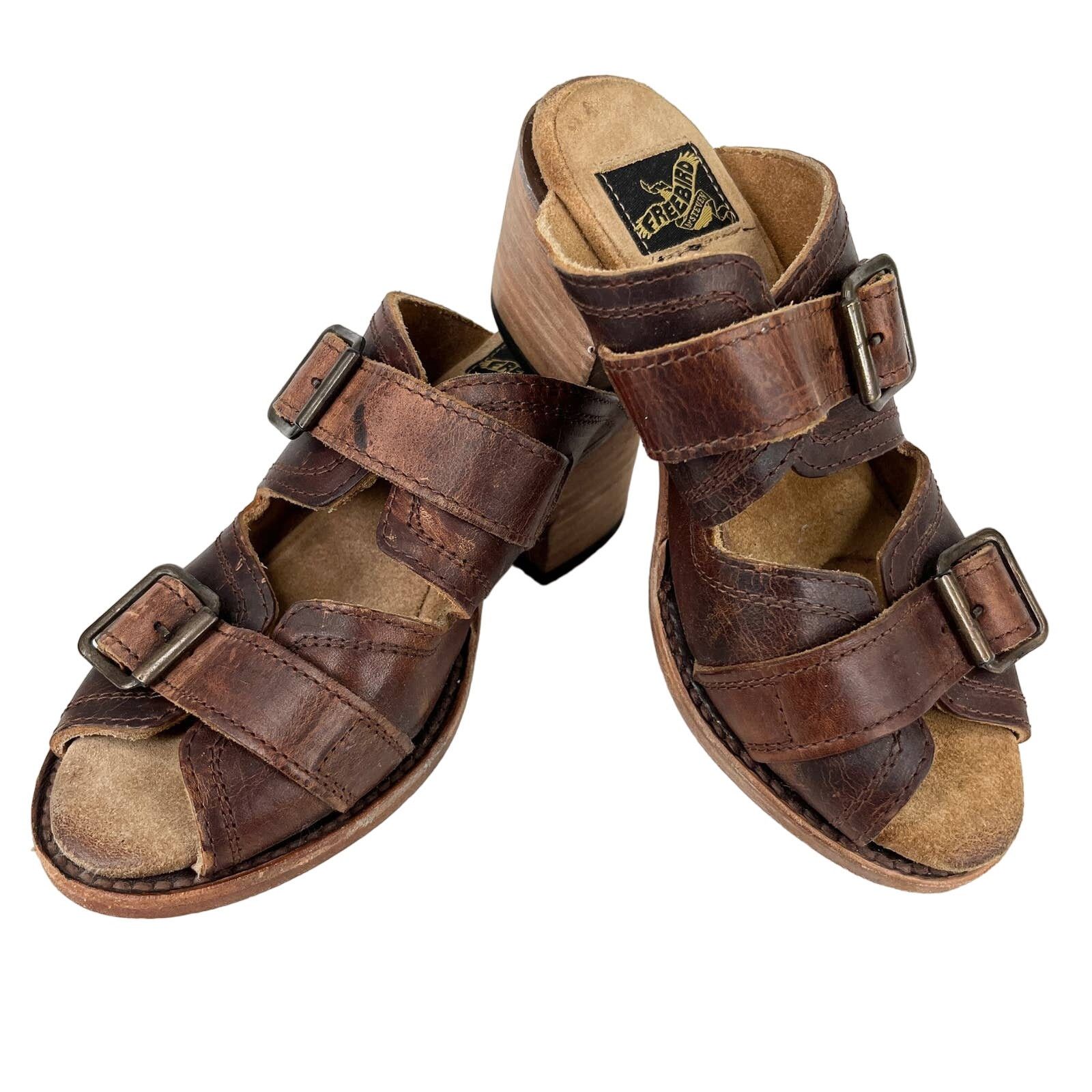 Freebird Caprice Sandals Brown 5 Leather 2.5" Block Heel Shoes, Women's