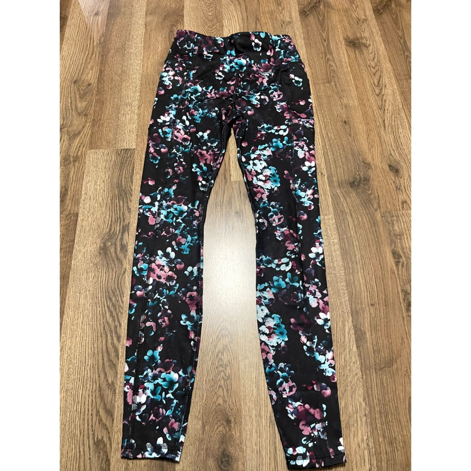 Avia Avia Women's XS Leggings, Black Purple Blue Floral, Pull On Size 26" / US 2 / IT 38 - 2 Thumbnail