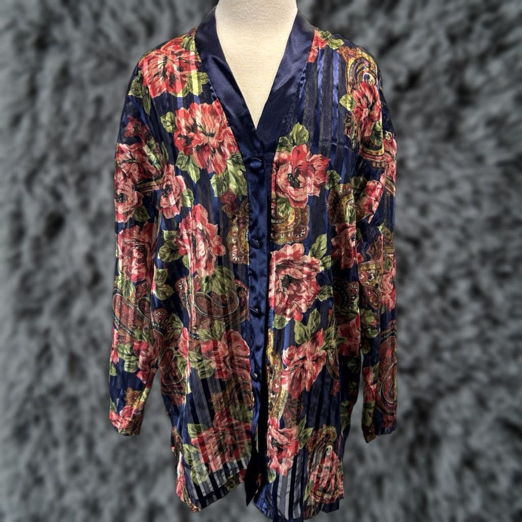 Victoria's Secret Vintage Victoria's Secret Sleep Shirt Large Navy Floral Semi Sheer Gold Label Vtg Size L / US 10 / IT 46 - 1 Thumbnail
