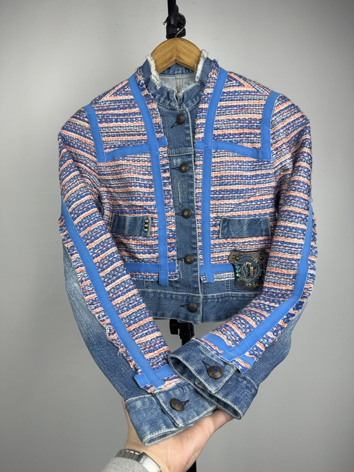 Desigual 00s Retro Desigual Patchwork Denim Cropped Jacket Y2K Size S / US 4 / IT 40 - 6 Thumbnail